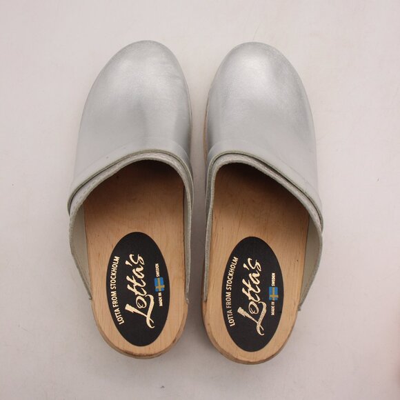Lotta's From Stockholm Women's Size EU 42 Swedish Silver Clogs Wood - Picture 9 of 12